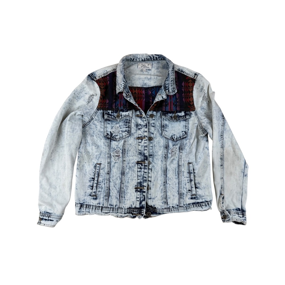 Chiqle L Denim Jacket Boho Western Cotton Acid Wash Distressed Tapestry